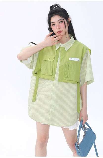 期間限定 ファッション 個性派 レイヤード風 切り替え プリント全3色 男女兼用 半袖TシャツF-9044