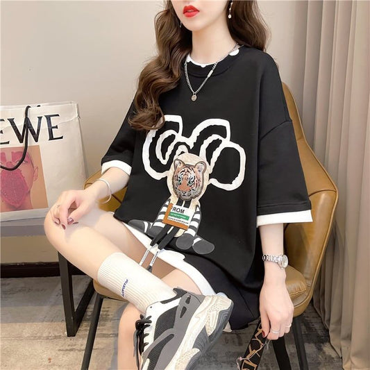 気質ルーズ漫画プリントミッドレングス半袖Tシャツ<F-3026>