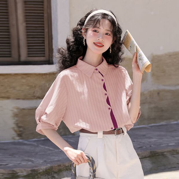 好感度UP 上質 美人度アップ 知的 ストライプ柄 3色選択 半袖シャツ＜F-9047＞