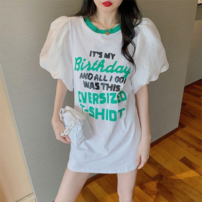 話題沸騰中 パフスリーブ ファッション プリント 全2色 半袖 Tシャツ <F-8662>