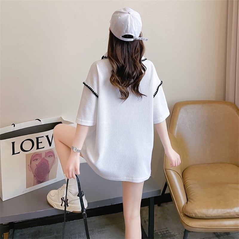 美人度アップ   ワッフル ロング Tシャツ ゆったり半袖 ＜F-2930＞