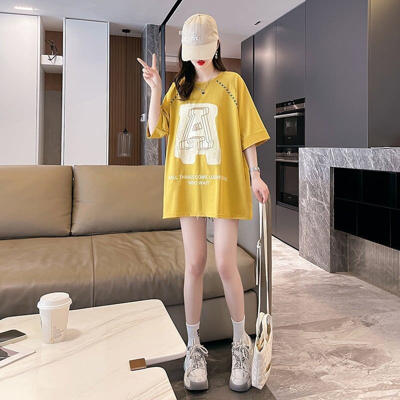 超人気商品 ロング アルファベット プリントTシャツ 三色 ゆったり半袖 ＜F-4019＞
