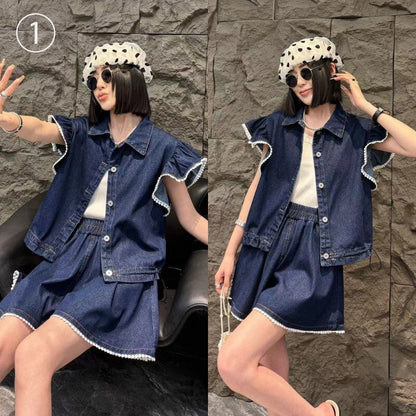 大好評 ファッション 売り切れ必至 2色選択 デニム 半袖 Tシャツ+ 短いスカート セットアップ ＜F-8992＞