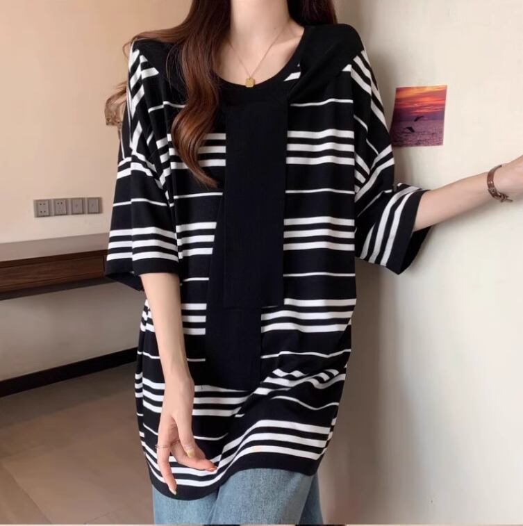 超人気 レイヤード風 カジュアル ストライプ柄 ゆったり 半袖 Tシャツ＜F-8797＞