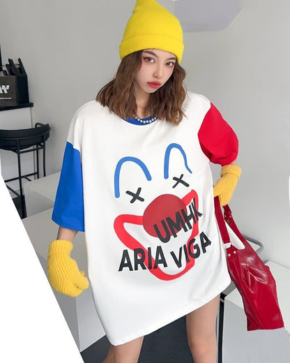 お勧めカラーマッチング ゆったり ビッグロゴ 半袖Tシャツ 全2色＜F-4838＞