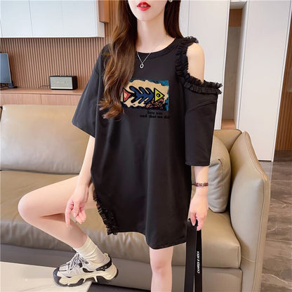 おしゃれ度高め レース 美人度アップ 切り替え プリント全4色 Tシャツ カットソー＜F-9213＞