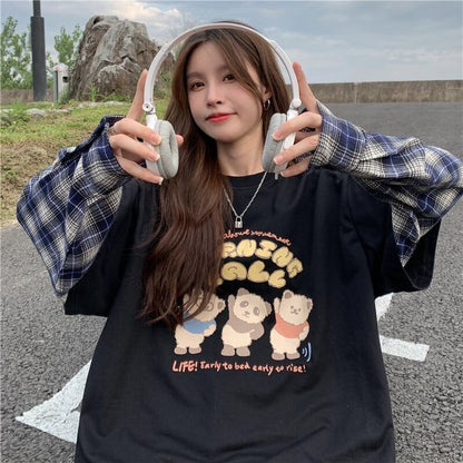 オシャレ度満点 ラウンドネック 個性的なデザイン カートゥーンプリント Tシャツ＜F-2257＞