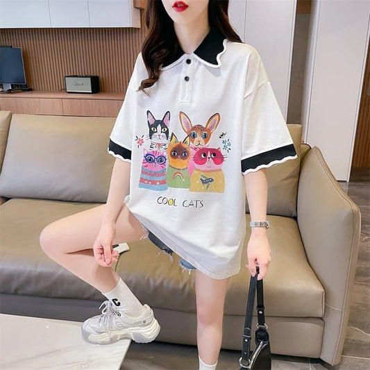 デザインセンスゆったりプリントトップラペルTシャツポロシャツ<F-2898>