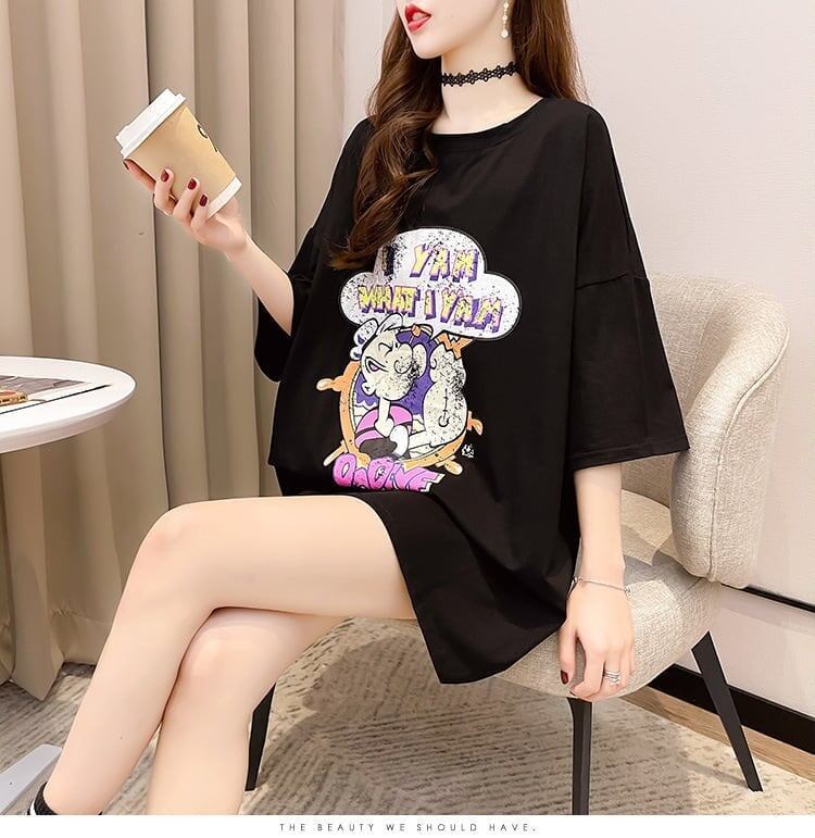 【半額！期間限定！！】グラフィック   透かし彫り Tシャツ ゆったりワンピース ＜F-4021＞