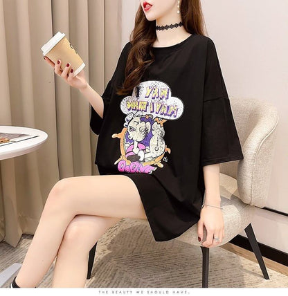 【半額！期間限定！！】グラフィック   透かし彫り Tシャツ ゆったりワンピース ＜F-4021＞