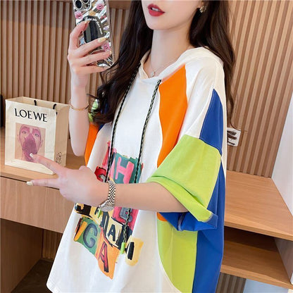売り切れ必至 切り替え カジュアル カラーマッチング プリント全2色 半袖Tシャツ<F-8723>
