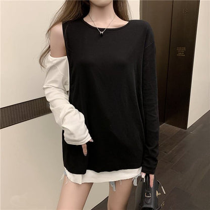 ファッション 高級感溢れた ラウンドネック 切り替え 配色 Tシャツ カットソー＜isf-2346＞