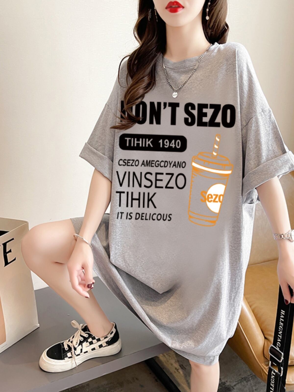 快適 ラウンドネック カジュアル 半袖 Tシャツ ワンピース＜F-8634＞