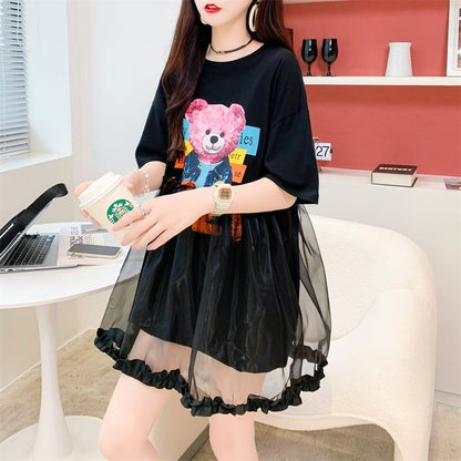 デザインセンスレースステッチフェイクツーピース半袖Tシャツワンピース<F-2964>