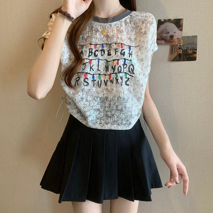 好感度UP カジュアル 大人可愛い プリント 全2色 半袖 Tシャツ＜F-8822＞