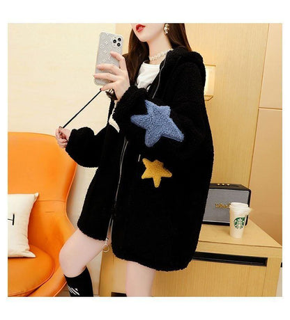 大人可愛い星柄ロゴボアフルジップパーカー全3色   厚手トップス