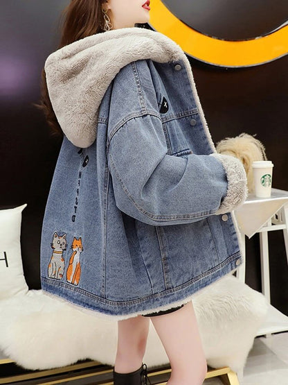 もこもこ裏起毛デニムジャケット厚手アルファベットロゴコート<F-4441>