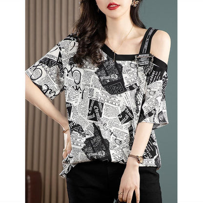 【半額！期間限定！！】絶対流行 特別デザイン 個性派 シフォン プリント 半袖Tシャツ＜F-8610＞