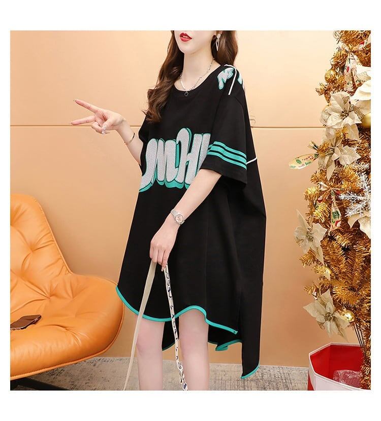 おしゃれ度アップ アルファベット フィッシュテール プリントTシャツ ゆったり半袖＜F-3012＞