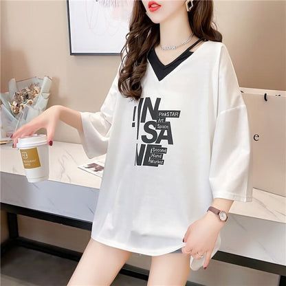 売れ筋 アルファベット Vネック フェイクレイヤード ゆったり 着?せ 半袖 Tシャツ ＜F-2005＞