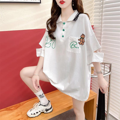 POLOネック   ベアー ロング Tシャツ 三色 ゆったりワンピース＜F-3991＞