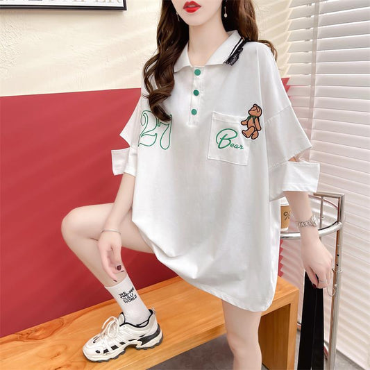 POLOネック   ベアー ロング Tシャツ 三色 ゆったりワンピース＜F-3991＞
