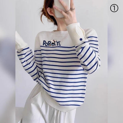 都市ファッショ デザイン オシャレ 気質アップ ストライプ柄 ニットトップスF-9661