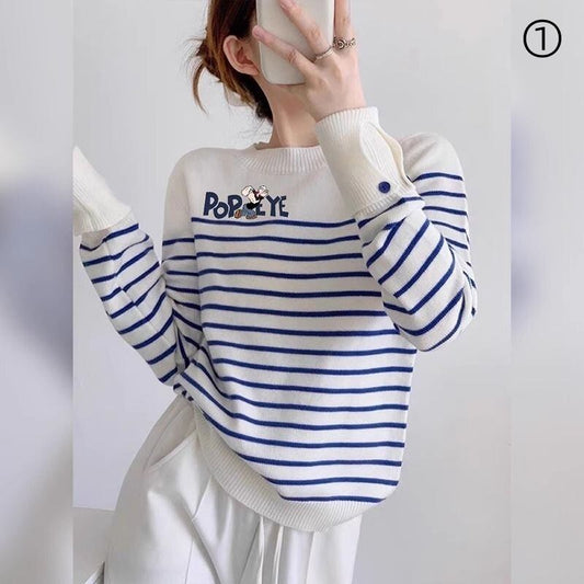 都市ファッショ デザイン オシャレ 気質アップ ストライプ柄 ニットトップスF-9661