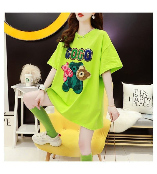 重工業スパンコール外国風おしゃれ植毛刺繍クマ半袖Tシャツ<F-2911>