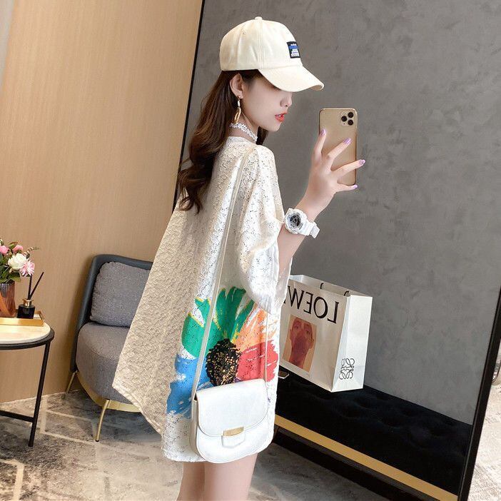 美人度アップ 透かし彫り レース ルーズ 半袖 Tシャツ ＜F-8671＞