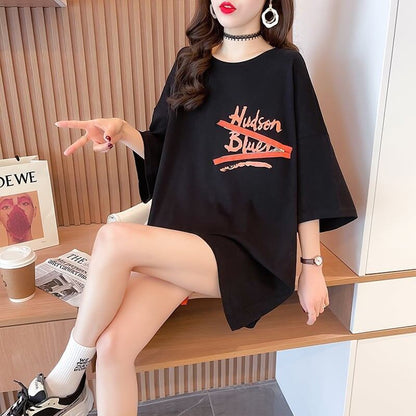 【人気商品再入荷！】   デザイン個性ゆったりミドル丈半袖Tシャツ<F-3036>