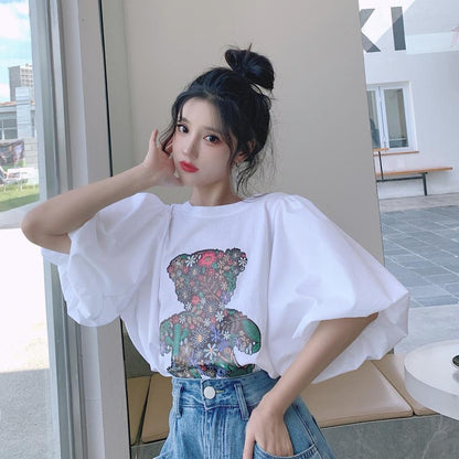 キュート プリント ファッション ゆったり 全4色 半袖 Tシャツ＜F-11521＞