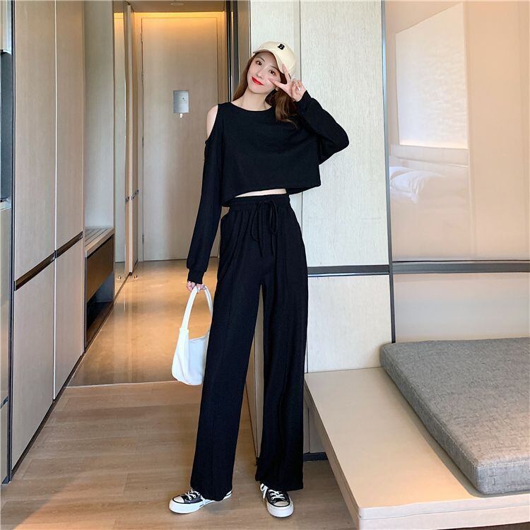 韓国風ファッション カジュアル ?感?佳 全2色 長袖Tシャツ＆ハイウエストワイドレッグパンツのセットアップF-9103