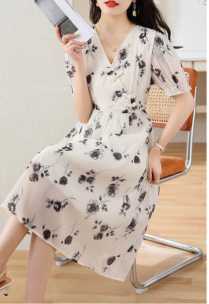 今季マストバイ シフォン ファッション 花柄 半袖ワンピース<F-8452>