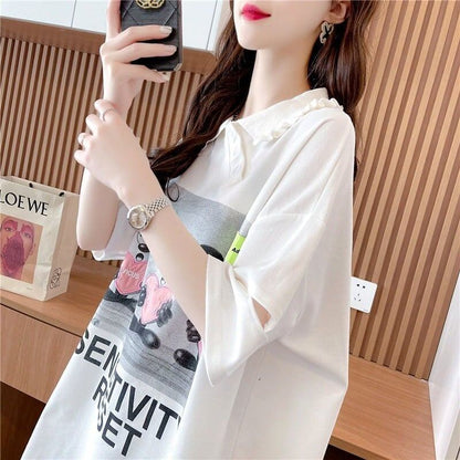 夏新作 アルファベットプリント POLOネック ロング Tシャツ ゆったりワンピース ＜F-3038＞