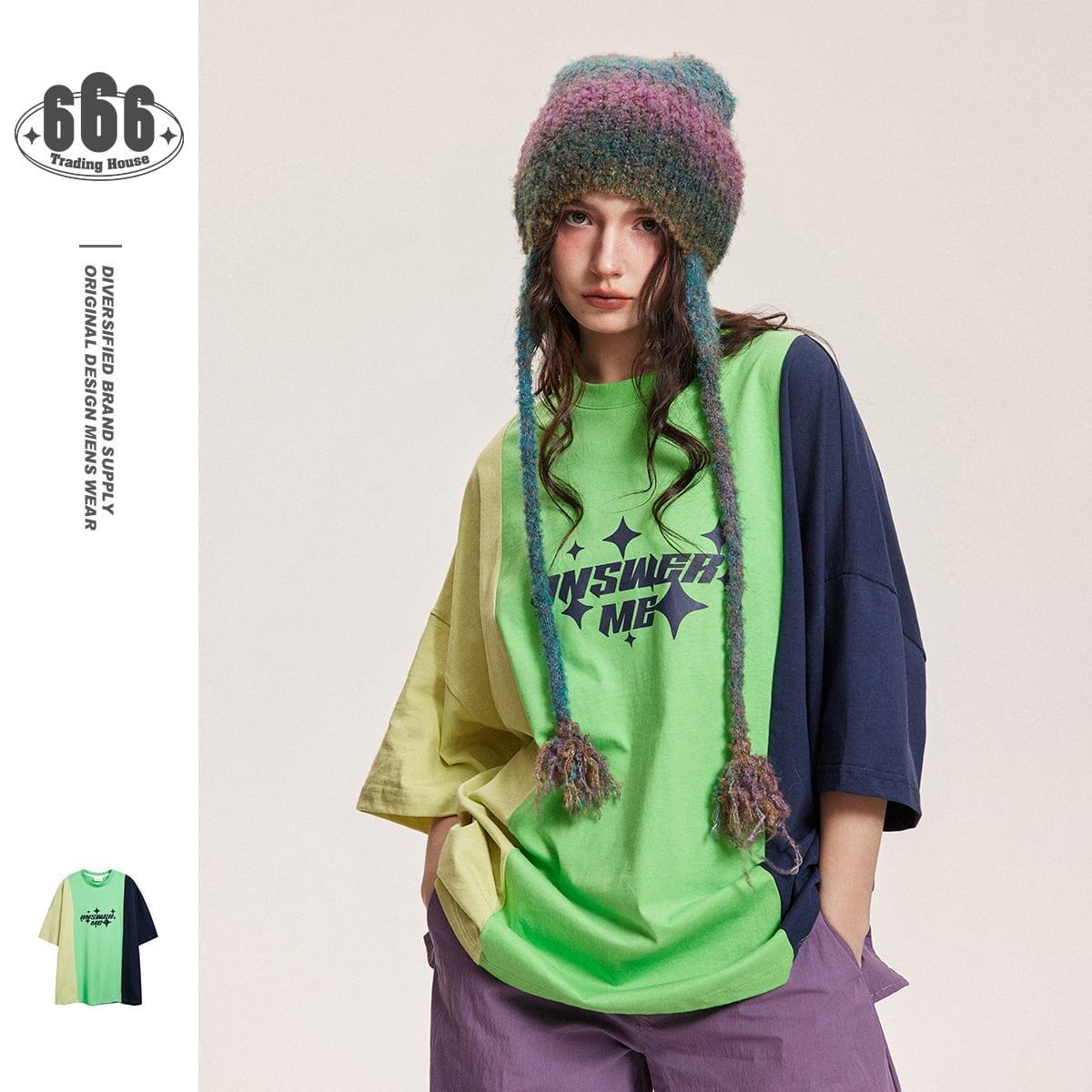 タイドブランドデザインセンス配色レトロプリントコットンTシャツ<F-2899>