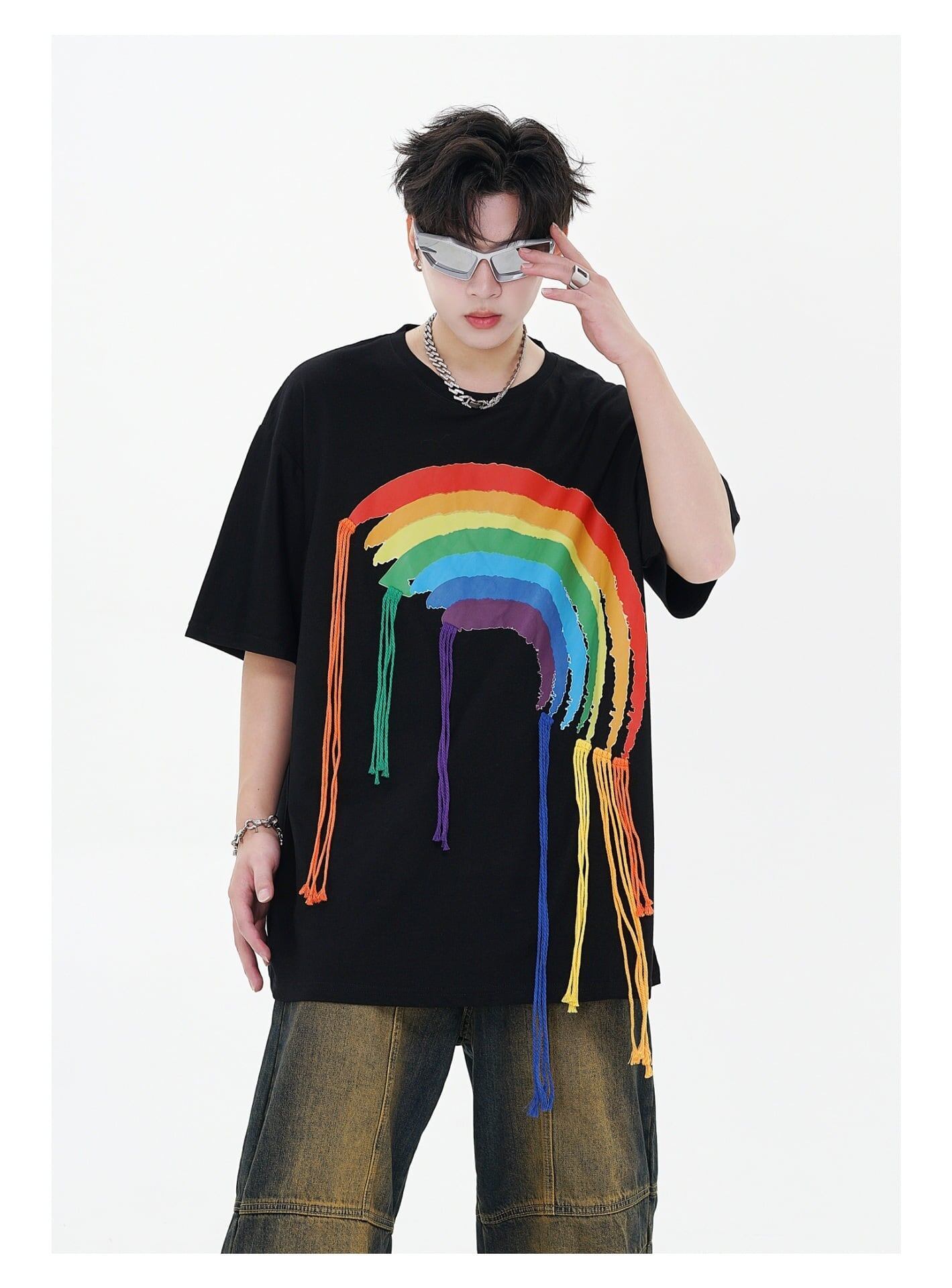 好感度UP 虹ロゴ タッセル ゆったり Tシャツ 全2色 ユニセックス半袖F-4863