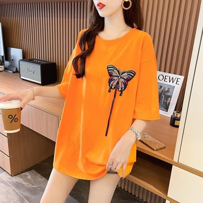 最新デザインセンス刺繍純綿ルーズ半袖Tシャツ<F-2949>