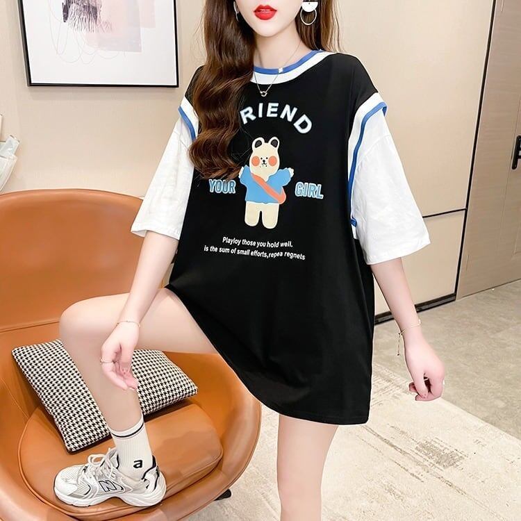 デザインセンス漫画フェイクツーピース半袖Tシャツ<F-3037>