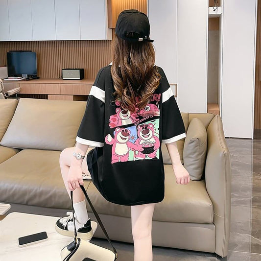 POLOネック 切り替え 熊柄 ロング プリント Tシャツ 二色 ゆったりワンピース ＜F-3020＞