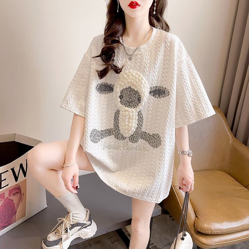 高級立体ハンドビーズコットン半袖Tシャツ<F-2998>