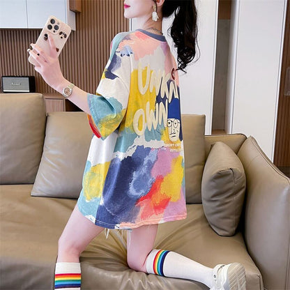 売り切れ必至 絞り染め ファッション プリント 2色選択 半袖Tシャツ＜F-8573＞