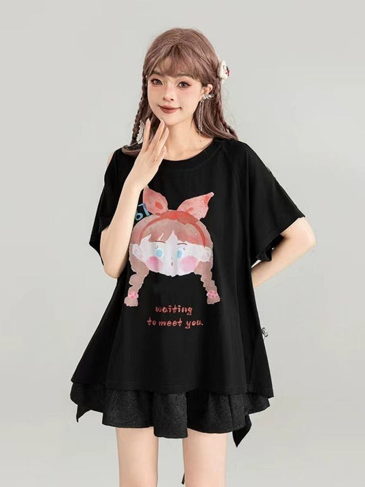 着回し力抜群 ゆったり ファッション感満々 ロング丈 2色半袖Tシャツ＜F-11068＞