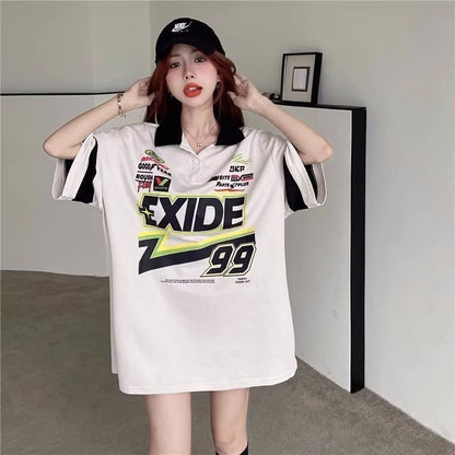 韓国系   POLOネック ロング Tシャツ 三色 ゆったりワンピース＜F-4025＞