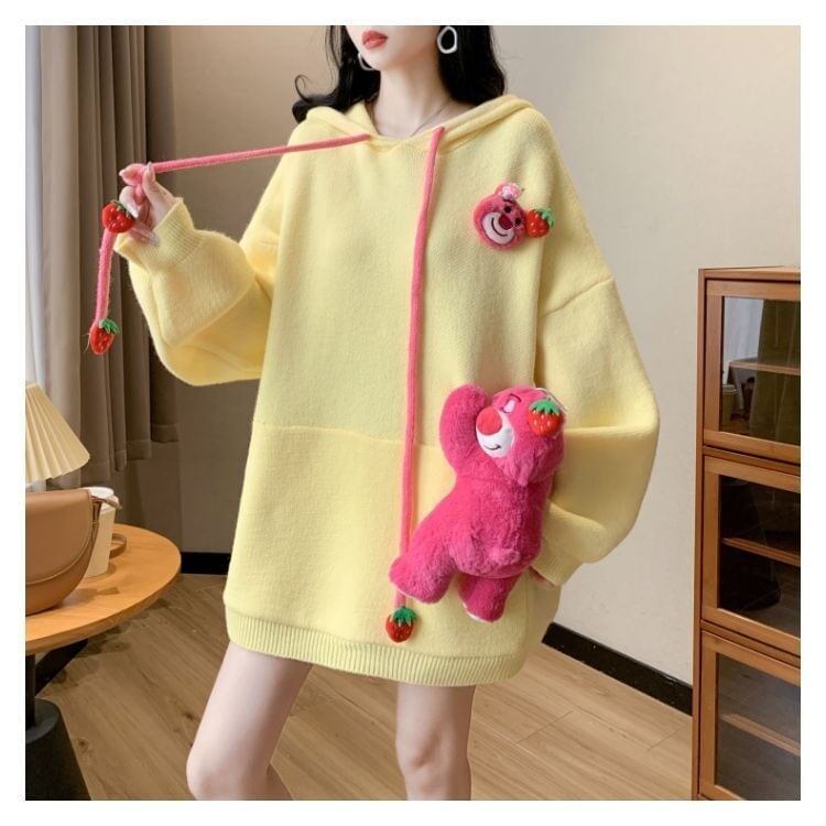 カワイイクマちゃんぬいぐるみ付きニットフード付きパーカ全4色<4537>
