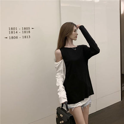 ファッション 高級感溢れた ラウンドネック 切り替え 配色 Tシャツ カットソー＜isf-2346＞