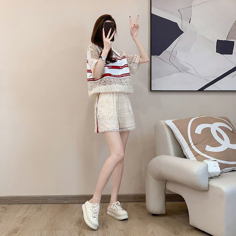 新商品 上品 着心地良い カジュアル 透かし彫り 半袖 Tシャツ ショートパンツ セットアップ ＜F-8785＞