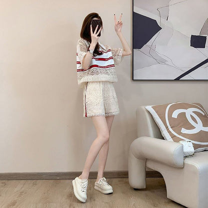 新商品 上品 着心地良い カジュアル 透かし彫り 半袖 Tシャツ ショートパンツ セットアップ ＜F-8785＞