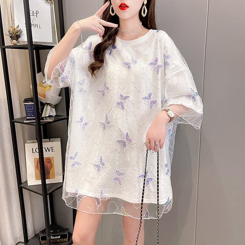 イントレンディなメッシュフェイクツーピースバタフライTシャツルーズトップ<F-2858>