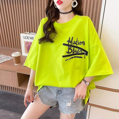 デザイン個性ゆったりミドル丈半袖TシャツF-3036